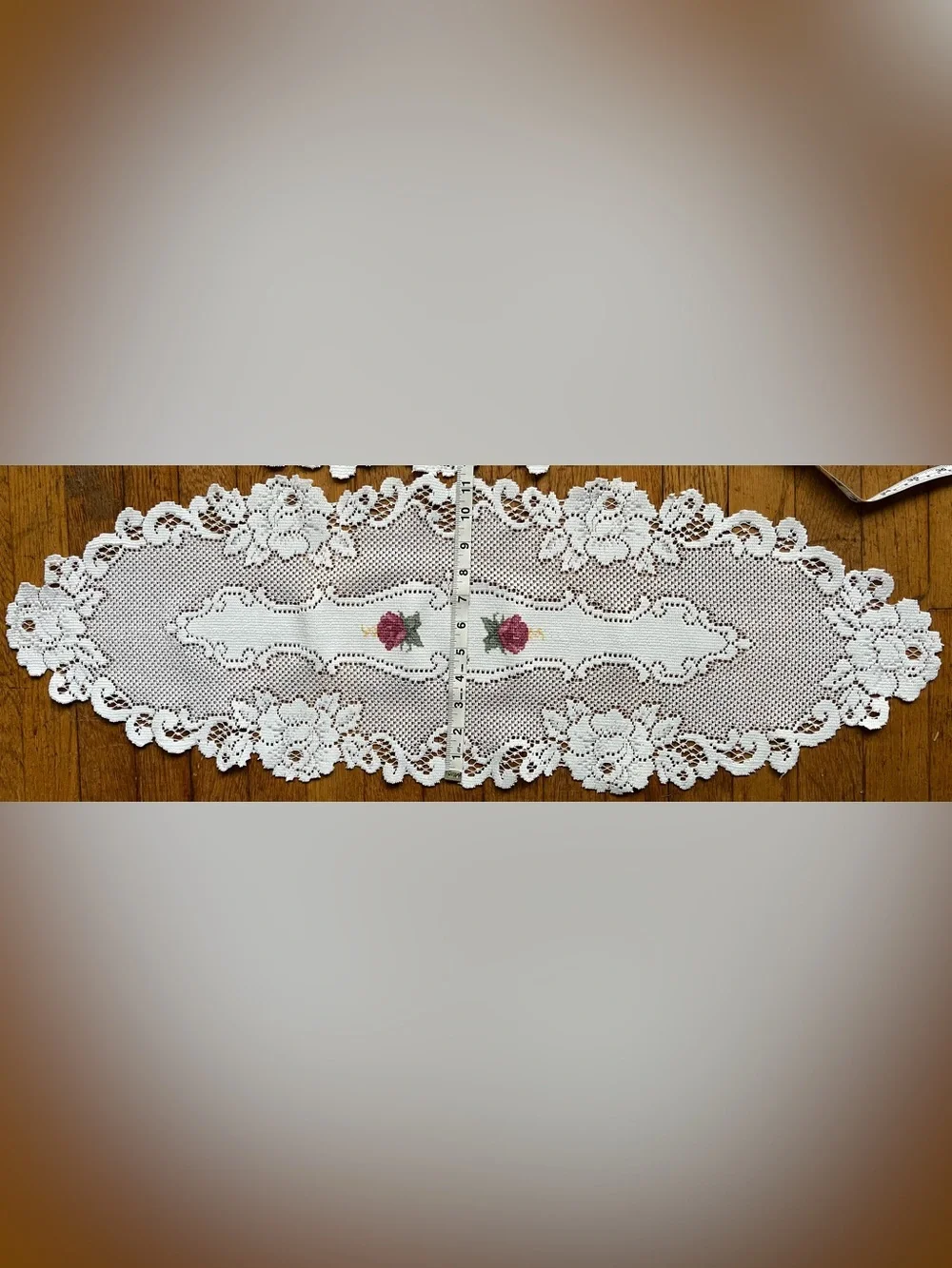 Heritage Lace Vintage Rose Mantle Scarf with matching centerpiece doily